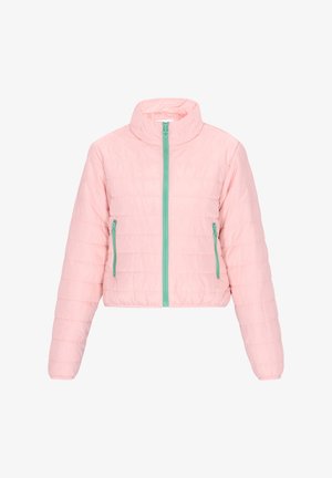 Šviesiai rožinė, trumpa pūkinė striukė su aukštu apykakle, turinti priekinius užtrauktukus ir dvi šonines kišenes su užtrauktukais. Papuošta turkio spalvos užtrauktukais.