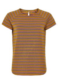 Tričsko s krátkým rukávem v hořčicově žluté barvě s vodorovnými barevnými pruhy. Má kulatý výstřih a malý klíčový otvor na přední straně.