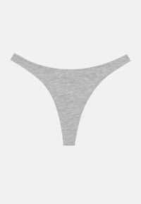 Gray cotton thong with thin straps, a minimalist design, and smooth texture, featuring a classic thong silhouette and no visible patterns.