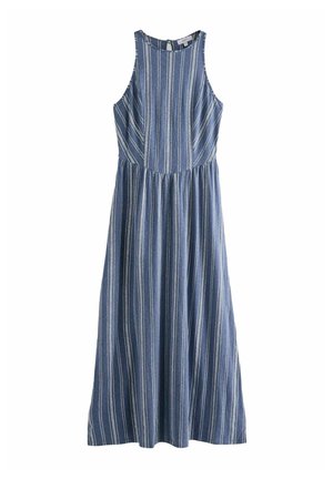 Robe midi sans manches à rayures verticales blanches et bleu clair, corsage ajusté, encolure ronde et taille froncée en tissu bleu.