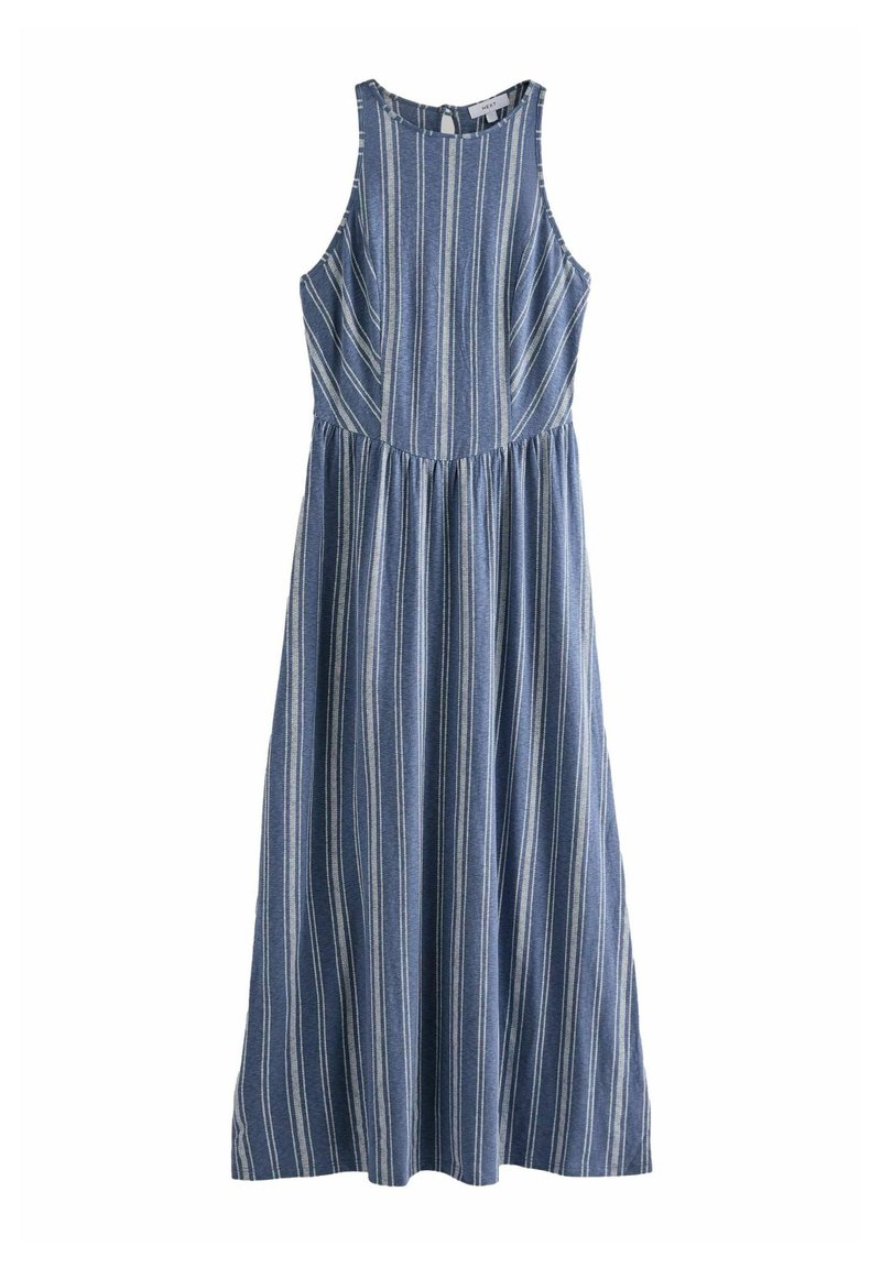 Robe midi sans manches à rayures verticales blanches et bleu clair, corsage ajusté, encolure ronde et taille froncée en tissu bleu.
