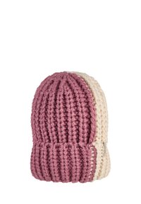 Chunky knit beanie with ribbed texture, featuring a pink front and cream-colored back panel.