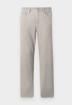 Világos szürke farmernadrág, pamut denim anyagból, egyenes szabású, klasszikus öt zsebes kialakítással és kontrasztos varrással.