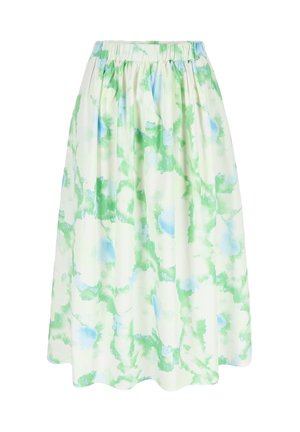 Floral midi skirt with an elastic waistband, made of lightweight fabric; features a green and blue watercolor pattern on a white background.