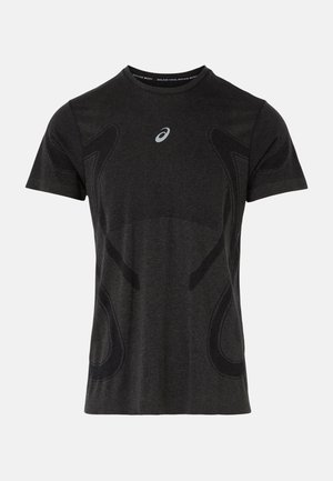 Sort kortærmet atletisk T-shirt med subtile teksturerede mønstre og et lille centreret ASICS-logo på brystet.