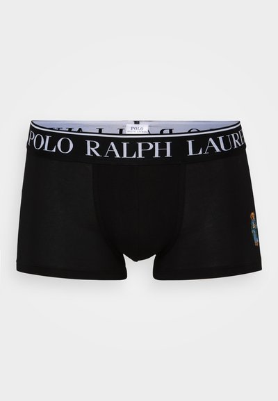Black boxer briefs with a white "POLO RALPH LAUREN" waistband. Features an embroidered bear in blue and green attire on the front.