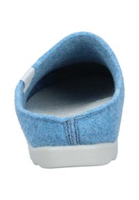 Blue felt slipper interior with a rounded opening, soft texture, and a white rubber sole. Features stitched seams for durability.