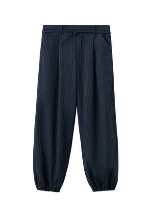 Pantalon bleu marine à fines rayures, ourlet élastique, poches latérales, passants de ceinture et taille à cordon.