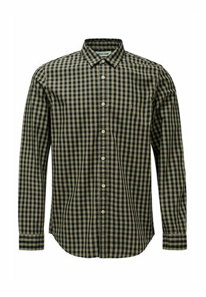 Camisa de cuadros de manga larga en verde oscuro y beige. Cuenta con un cuello tipo botón, botones en la parte delantera y un logo sutil en el pecho.