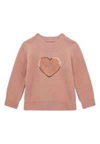Maglione rosa lavorato a maglia con tessuto testurizzato, scollatura a coste e dettaglio in paillettes a forma di cuore con la scritta "GUESS?" al centro.