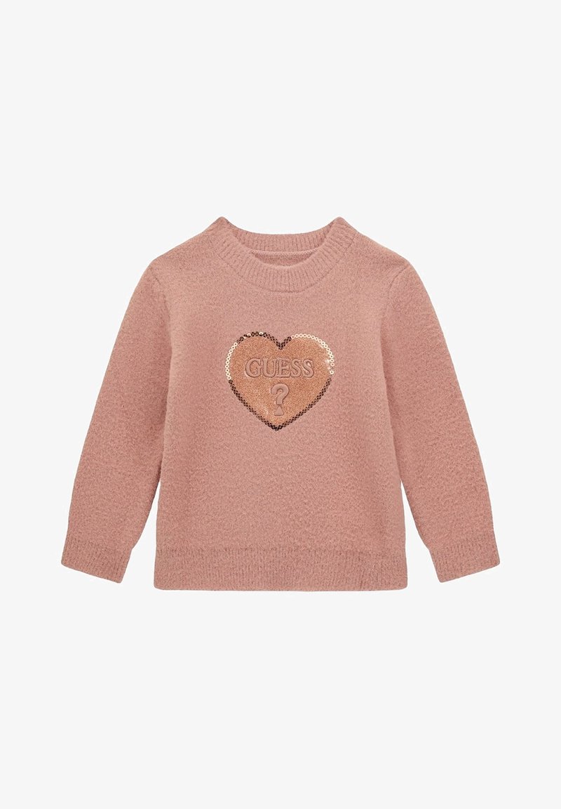 Maglione rosa lavorato a maglia con tessuto testurizzato, scollatura a coste e dettaglio in paillettes a forma di cuore con la scritta "GUESS?" al centro.