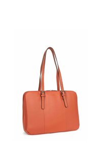 Borsa tote in pelle arancione con due lunghe tracolle, forma rettangolare e design minimalista che presenta cuciture a vista e hardware in argento.