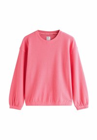 Ružová rebrovaná mikina s dlhými rukávmi, okrúhlym výstrihom a stiahnutými manžetami. Na leme má malý detail s logom. Mäkká textúrovaná látka.