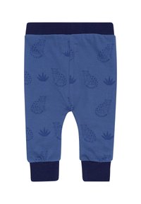 Blauwe katoenen broek met donkerblauwe boorden, met een herhaald patroon van leopards en plantenvormen. Zacht, casual ontwerp voor comfort.