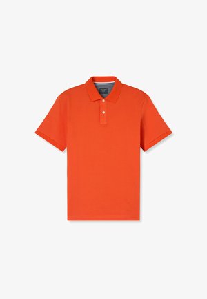 Oranges Poloshirt aus einem glatten Baumwollgemisch, mit klassischem Kragen, einer Knopfleiste mit drei Knöpfen und kurzen Ärmeln. Ohne Muster oder Akzente.