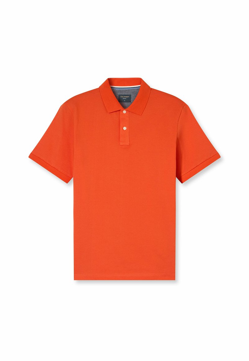 Polo arancione in un morbido misto cotone, dotato di colletto classico, pattina con tre bottoni e maniche corte. Senza motivi né dettagli.