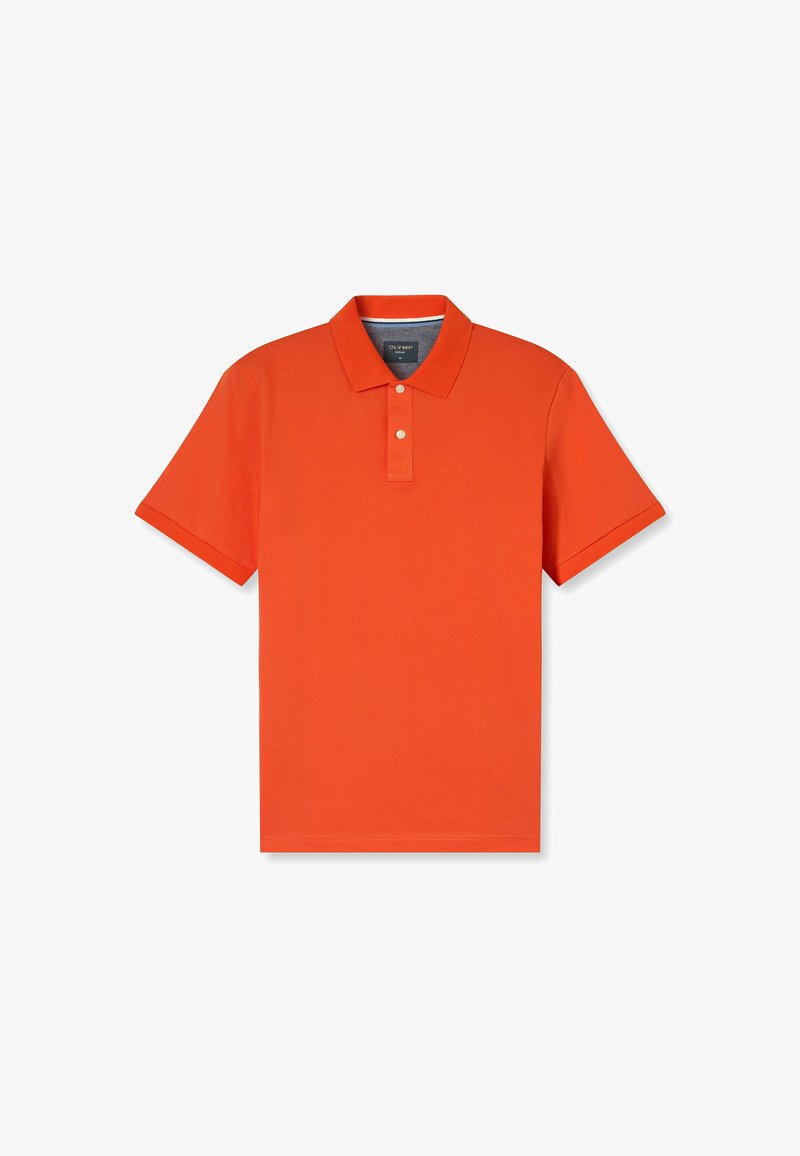 Oranje poloshirt van een soepele katoenmix, met een klassieke kraag, een knoopsluiting met drie knopen en korte mouwen. Geen patronen of accenten.