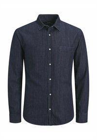 Camicia di denim blu scuro con maniche lunghe, colletto con bottoni, tasca frontale e bottoni bianchi. Tessuto testurizzato con righe orizzontali.