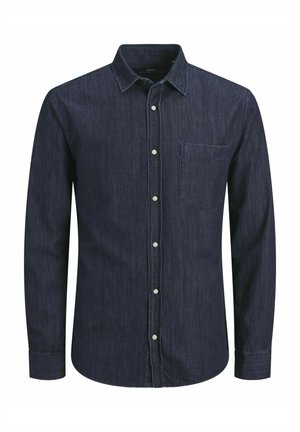 Temna modra denim srajca z dolgimi rokavi, ovratnikom na gumb, sprednjim žepom in belimi gumbi. Teksturo ima z horizontalnimi črtami.
