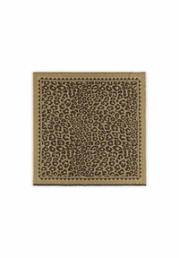 Jaguardprint sjaal in tan en donkerbruin, vierkante vorm, textiel met een gestructureerde stof en franjes aan de randen, voorzien van een geometrisch patroon.