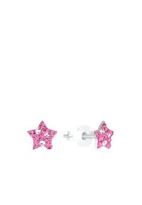 Orecchini a perno a forma di stella con cinque punte, in metallo argentato, adornati con strass rosa e trasparenti. Ogni orecchino è dotato di un perno dritto per una vestibilità sicura.
