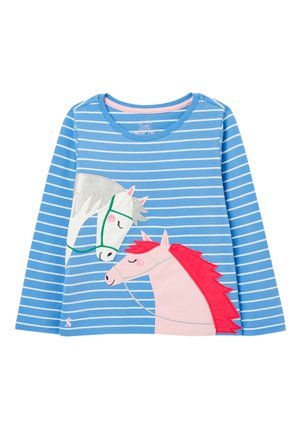 Blå og hvide stribede langærmede skjorte med broderede hvide og pink heste, der vender mod hinanden foran.