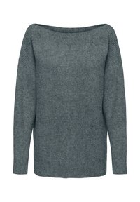 Siv pleten pulover z širokim izrezom, dolgimi rokavi in ohlapnim krojem. Robovi so rebraste teksture. Iz mehkega volnenega materiala.