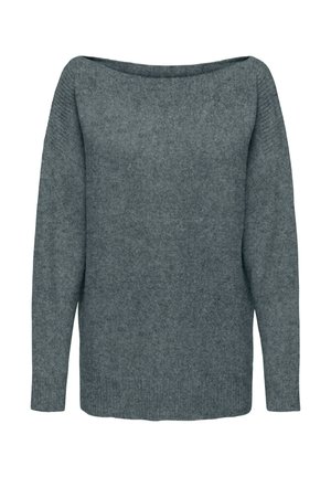 Grå strikket genser med bred halsutringning, lange ermer og løs passform. Har ribbestruktur langs kantene. Mykt ullmateriale.
