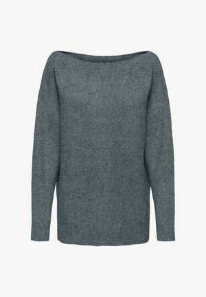 Siv pleten pulover z širokim izrezom, dolgimi rokavi in ohlapnim krojem. Robovi so rebraste teksture. Iz mehkega volnenega materiala.