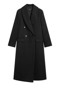 Černý vlněný kabát s dvojitým zapínáním na knoflíky, širokými klopami, dvěma předními kapsami a zapínáním na knoflíky. Má hladkou texturu a střih na míru.