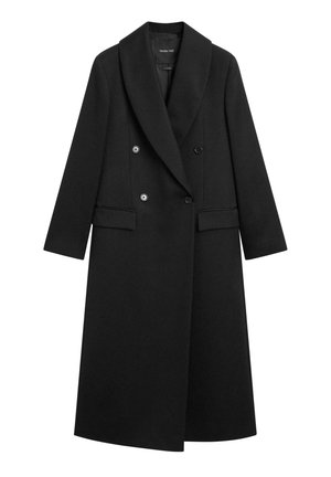 Czarny wełniany płaszcz o dwurzędowym kroju, szerokich klapach, dwóch przednich kieszeniach i zapięciu na guziki. Charakteryzuje się gładką fakturą i dopasowanym krojem.