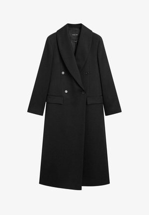 Zwarte wollen jas met een dubbelgeknoopte sluiting, brede revers, twee voorzakken en knoopsluiting. Heeft een gladde textuur en een getailleerde pasvorm.