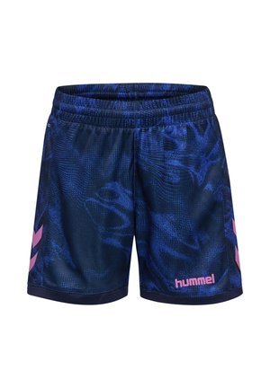 Ciemnoniebieskie sportowe szorty z teksturowanym wzorem, różowymi paskami w kształcie jodełki po bokach oraz różowym napisem marki "hummel" z przodu.