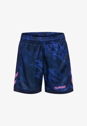 Donkerblauwe sportshorts met een gestructureerd patroon, roze chevronstrepen aan de zijkanten en roze "hummel" merktekst aan de voorkant.