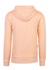 Perzikkleurige hoodie van zacht fabric met een geribde zoom en manchetten, voorzien van een capuchon en zonder zichtbare merktekens of accenten.