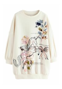 Hanorac de culoare crem, cu un grafic de unicorn, modele florale și accente de paiete. Croială lejeră, cu manșete și guler ribba.
