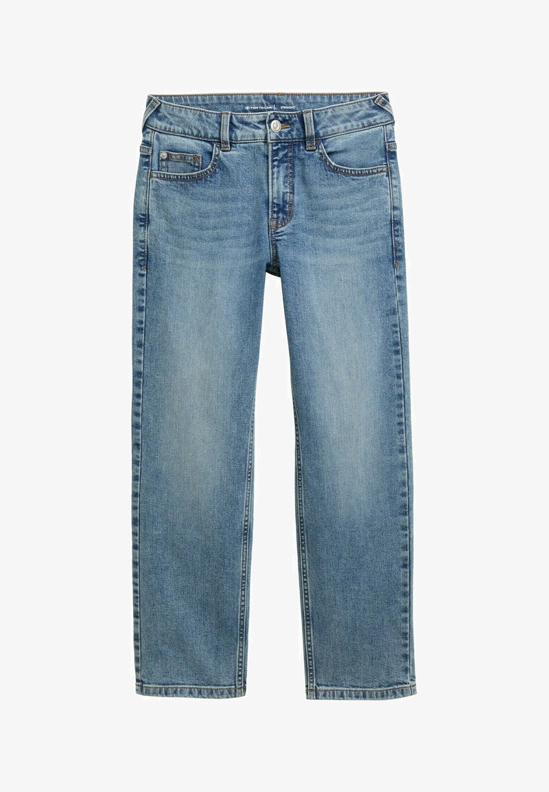 Jean droit bleu clair en denim, doté de cinq poches, d'une fermeture à bouton et d'un effet délavé subtil à l'avant.