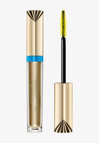 Gyllene tub av Max Factor Masterpiece High Definition Mascara, med en svart applikatorborste med gula borst bredvid.