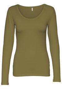 Langarmshirt in olivgrün, weicher Stoff, Rundhalsausschnitt, taillierte Passform, glatte Textur, keine auffälligen Muster oder Akzente.