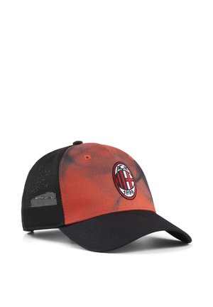Schwarze und rote Baseballkappe mit Mesh-Rückseite und AC Milan-Logo auf dem Frontpanel mit dem Jahr 1899.