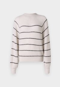 Helles beige, flauschiges Sweater mit horizontalen schwarzen Streifen, rundem Ausschnitt und langen Ärmeln, das eine lockere Passform und weiche Textur aufweist.