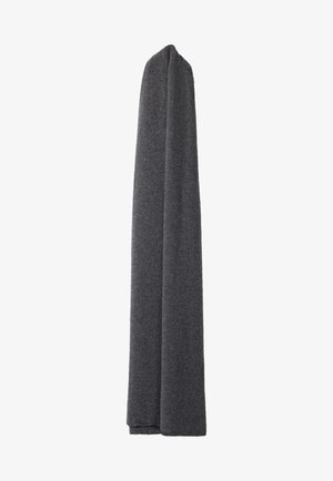 Gray wool blend scarf, soft texture, elongated rectangular shape, solid color with minimal design, no visible patterns or hardware details.