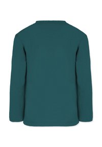 Långärmad t-shirt i djup teal, tillverkad av mjuk bomull, med rund halsringning och utan synliga dekorationer eller tryck.