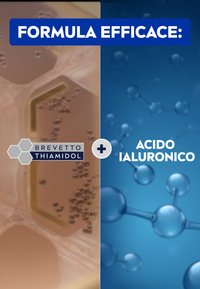 Due sezioni divise: a sinistra uno sfondo marrone caldo con forme esagonali; a destra strutture molecolari blu. Il testo mostra gli ingredienti.