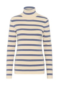 Suéter de cuello alto color beige con mangas largas que presenta rayas horizontales azules espaciadas uniformemente.
