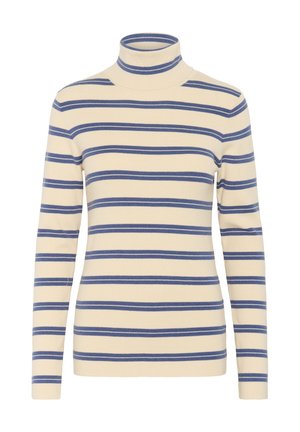 Maglione beige a collo alto con maniche lunghe, caratterizzato da strisce orizzontali blu evenly spaced.