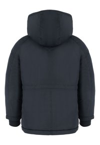 Mörk marinblå puffjacka med huva, med en mjuk yta, ribbade ärmslut och en söm över ryggen. Ingen synlig hårdvara.