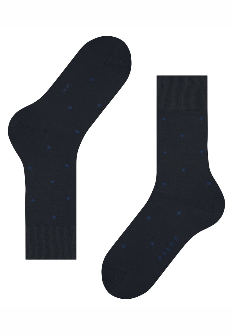 Ναυτικές κάλτσες με σκούρους μπλε πουά, κατασκευασμένες από απαλό ύφασμα. Διαθέτουν ενισχυμένη μύτη και φτέρνα. Λογότυπο τυπωμένο σε μπλε στο πλάι.