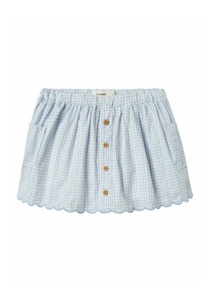Gonna in gingham blu con orlo scallop, vita elastica, chiusura anteriore a bottoni e due tasche laterali. Realizzata in tessuto leggero.