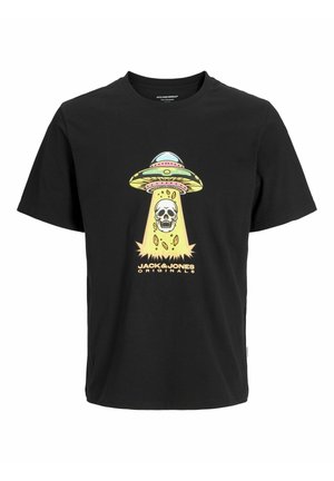 Must t-särk mustast puuvillast, millel on värvikas graafika UFOl ja koljul, kollane valguskiir ja all "Jack & Jones Originals" tekst.